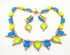 Czech glass Neon Blue and Yellow square cut rhinestones necklace and clip earrings - Vintage Lane Jewelry