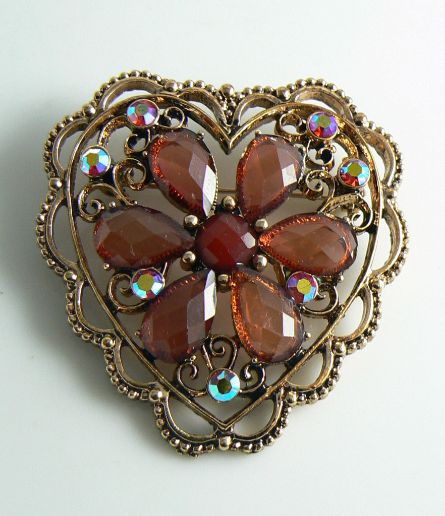 Copper and Pink Red Rhinestone Heart Brooch - Vintage Lane Jewelry