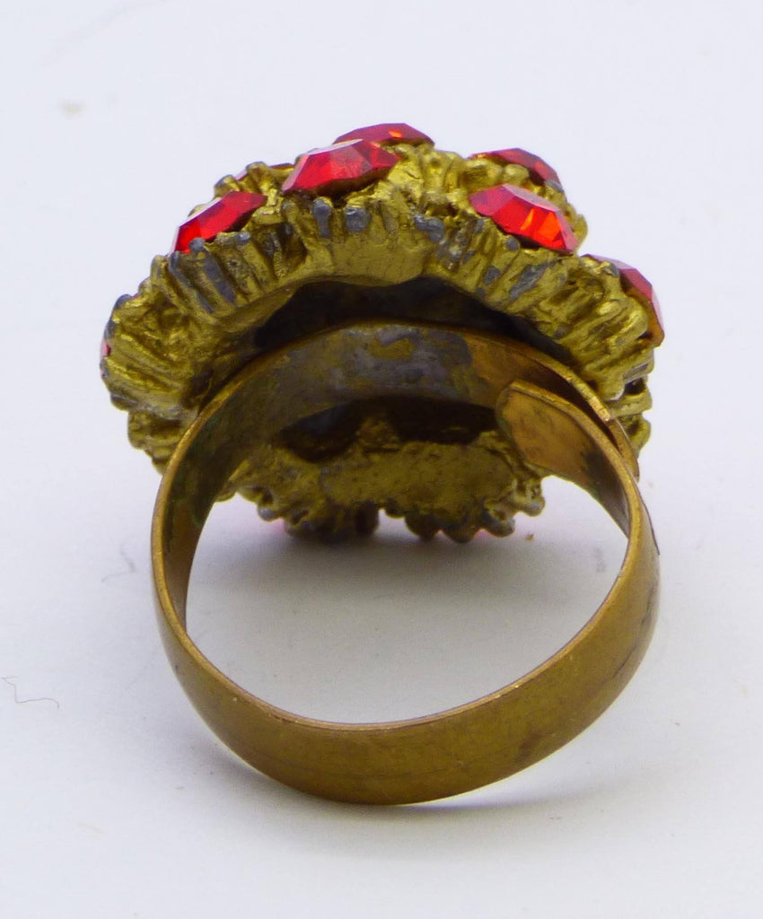 Red Rhinestone Brass Adjustable Cluster Cocktail Ring - Vintage Lane Jewelry
