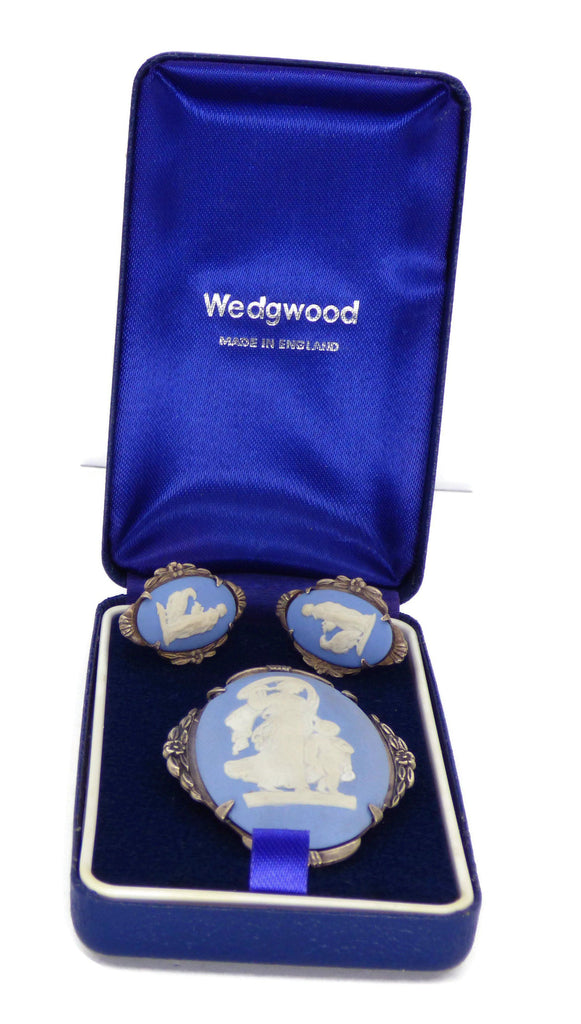 Wedgwood Blue Jasperware Suite in Sterling Silver, Brooch and Earrings - Vintage Lane Jewelry