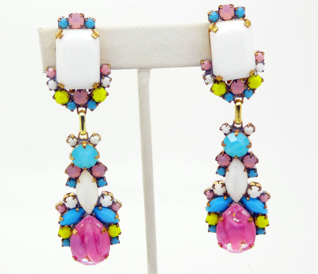 Czech Glass Opaque Pastel Colors Dangling Clip Earrings - Vintage Lane Jewelry