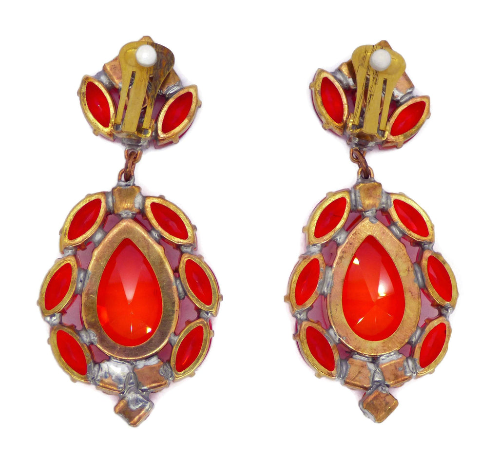 Red Czech Glass Huge Dangling Pierced Style Earrings - Vintage Lane Jewelry