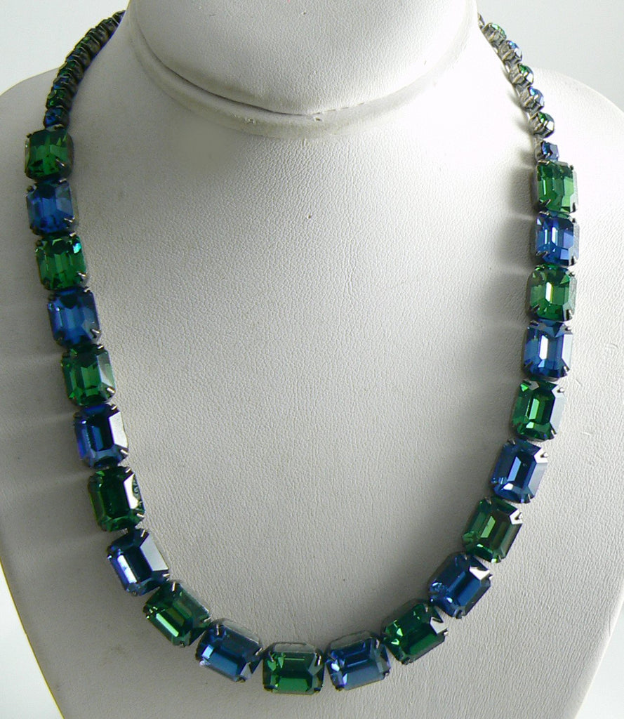 Vintage Weiss Emerald Cut Blue and Green Glass Stone Necklace - Vintage Lane Jewelry