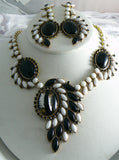 Czech Glass Black And White Taboo Necklace Earring Set - Vintage Lane Jewelry