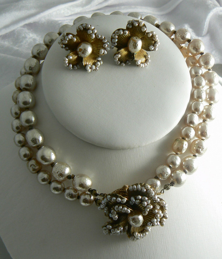 Stunning Miriam Haskell Baroque Pearl And Seed Pearl Flower Clasp Set - Vintage Lane Jewelry