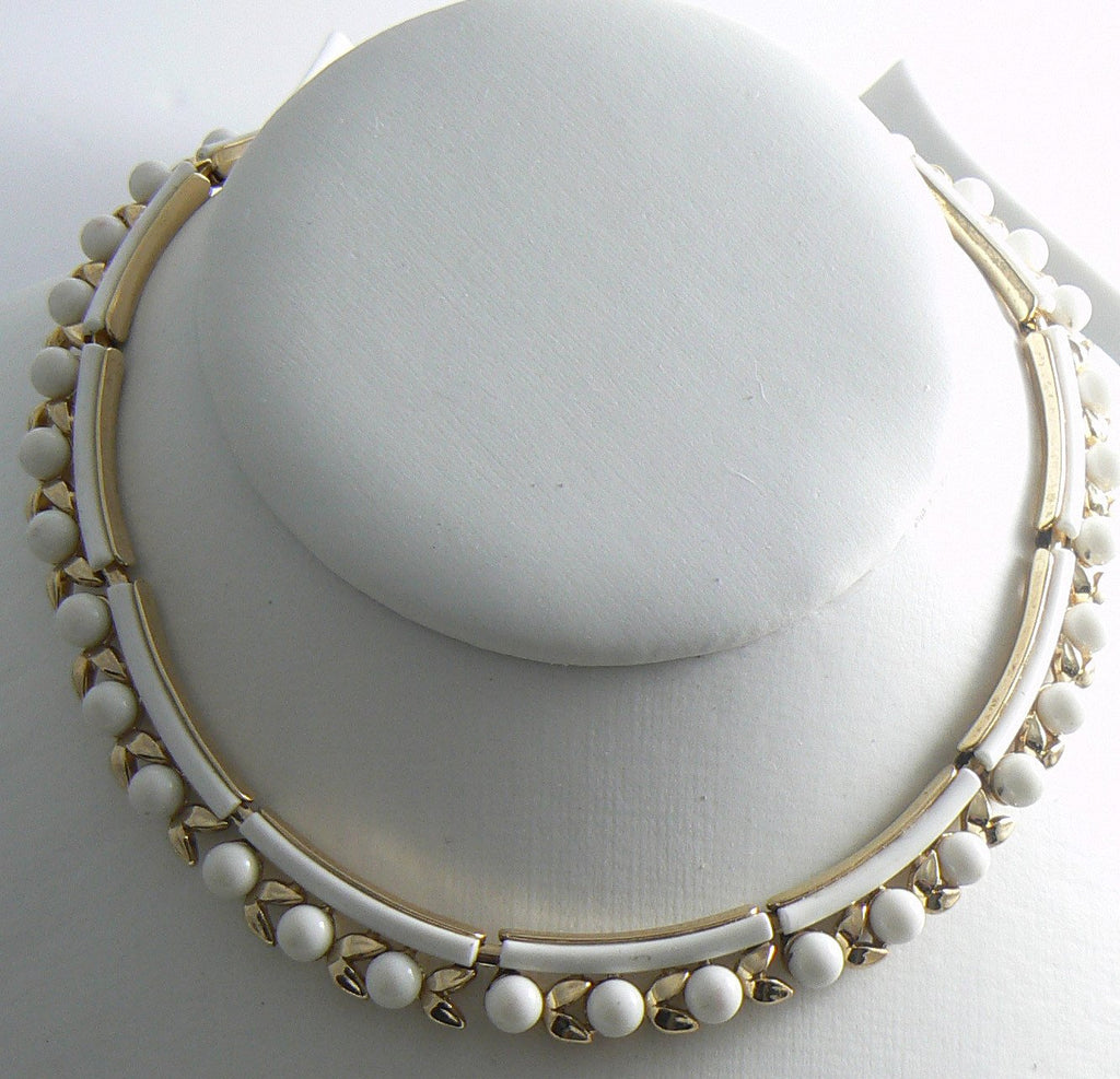 Trifari Milk Glass Gold Tone Segmented Choker Necklace - Vintage Lane Jewelry