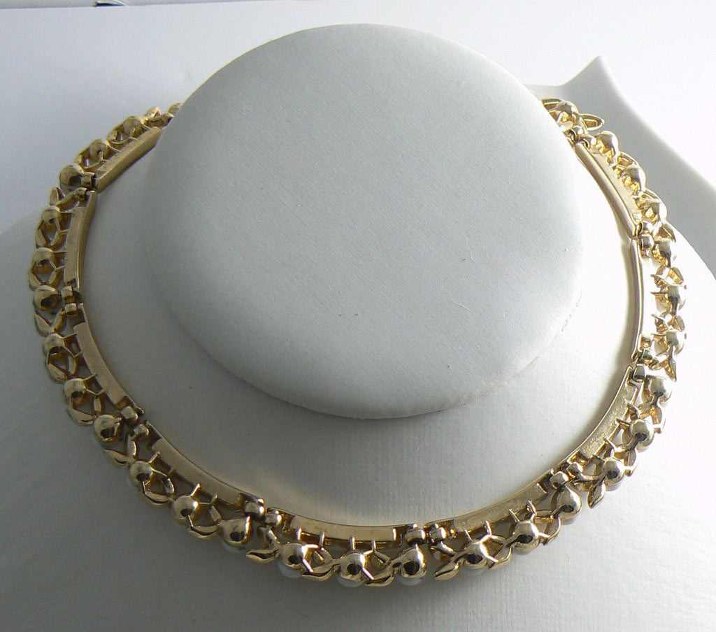 Trifari Milk Glass Gold Tone Segmented Choker Necklace - Vintage Lane Jewelry