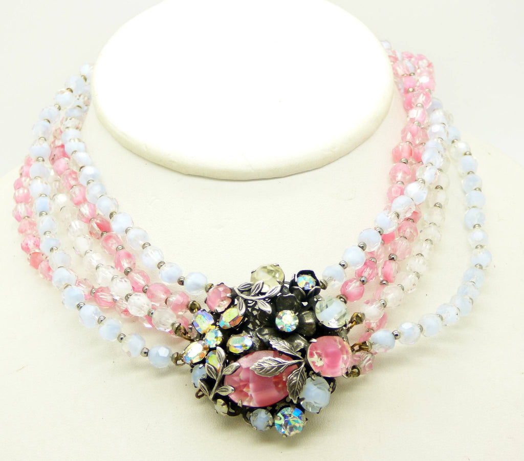 Vintage Vendome Pink, Blue Art Glass Aurora Borealis Rhinestone 5 Strand Necklace - Vintage Lane Jewelry