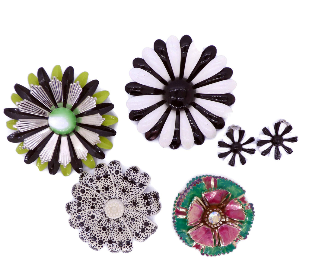 Enamel Flower Pins, 4 pins, 1 Clip Earrings, Flower Brooches - Vintage Lane Jewelry