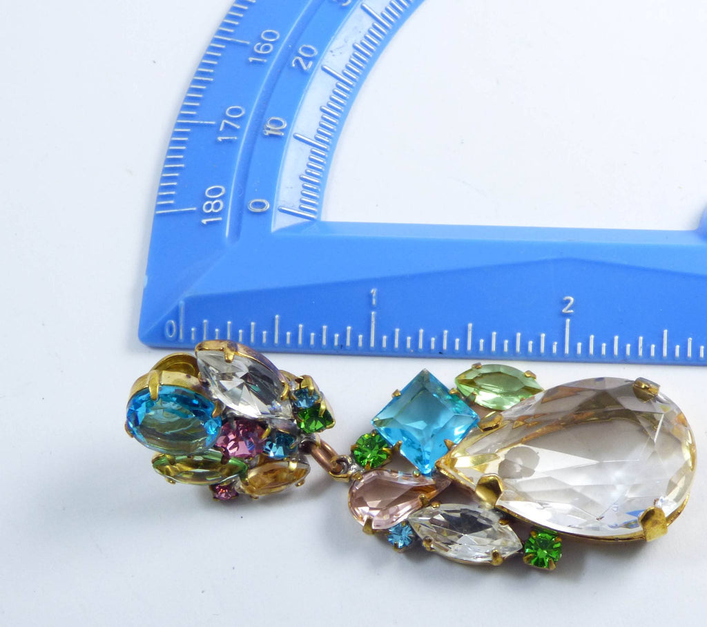 Czech Glass Clear Teardrops with Pastel Rhinestones Clip Earrings - Vintage Lane Jewelry