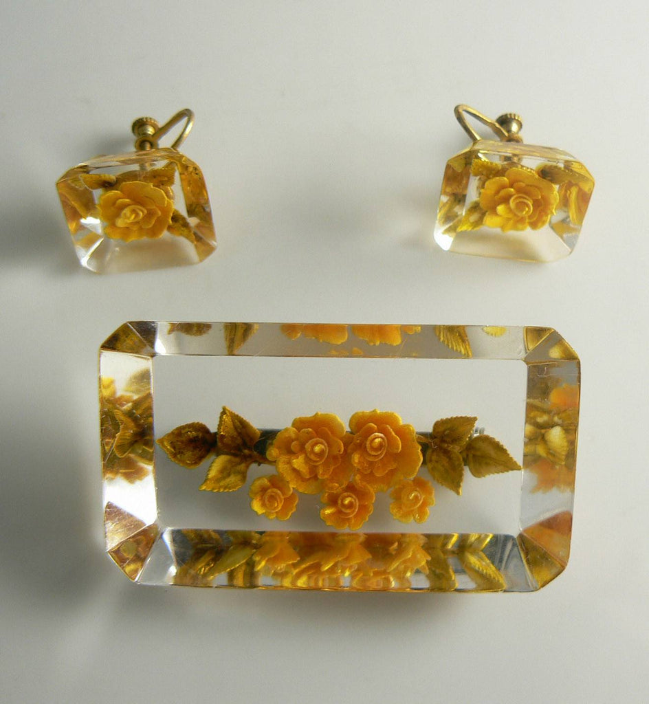 Lovely Reverse Carved Yellow Rose Pin And Earring Set - Vintage Lane Jewelry