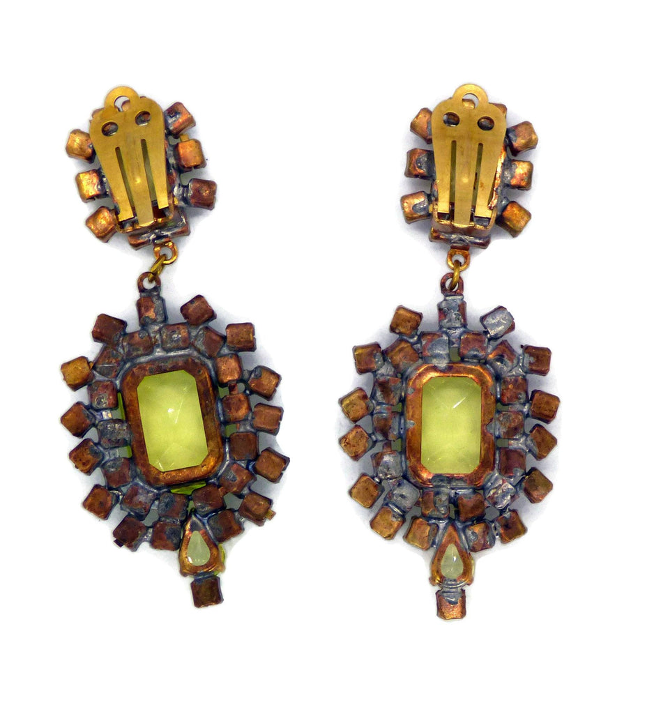 Vaseline Uranium Czech Glass Dangling Clip Earrings - Vintage Lane Jewelry