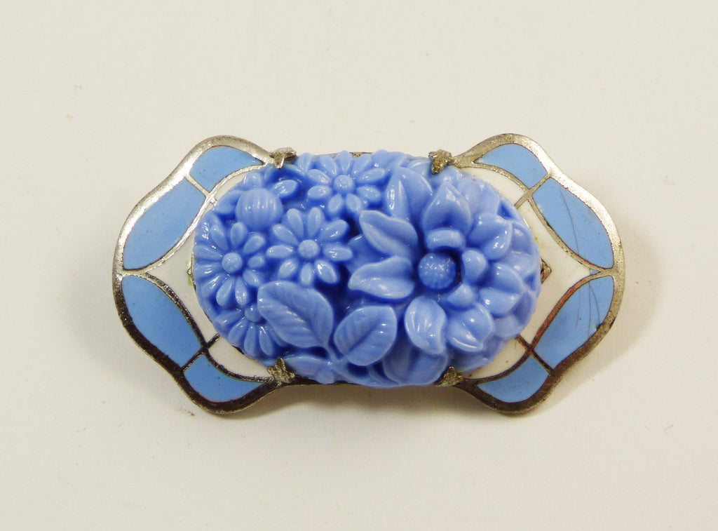 Molded Glass Sky Blue Enamel Art Deco Brooch - Vintage Lane Jewelry