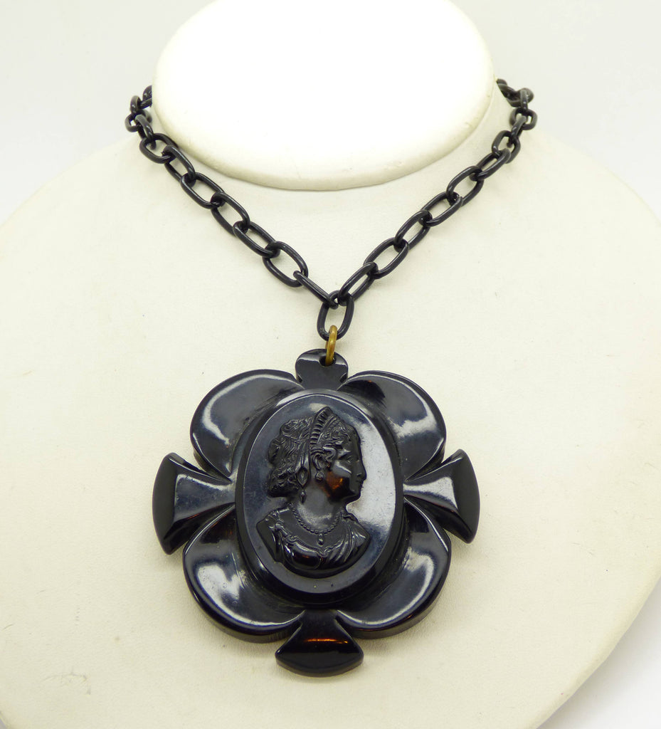 Vintage Art Deco Black Celluloid Cameo Pendant Necklace - Vintage Lane Jewelry