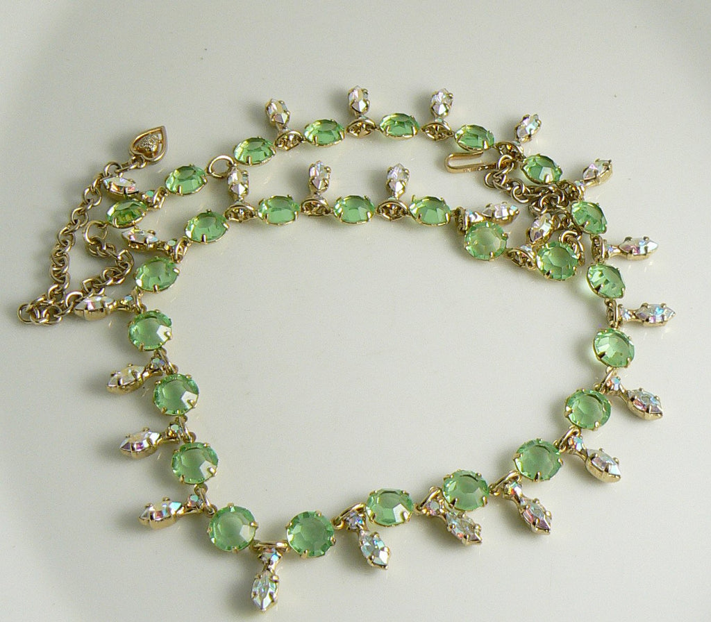 Stunning Art Deco Open Back Green Citrine Glass & AB Rhinestone Necklace - Vintage Lane Jewelry
