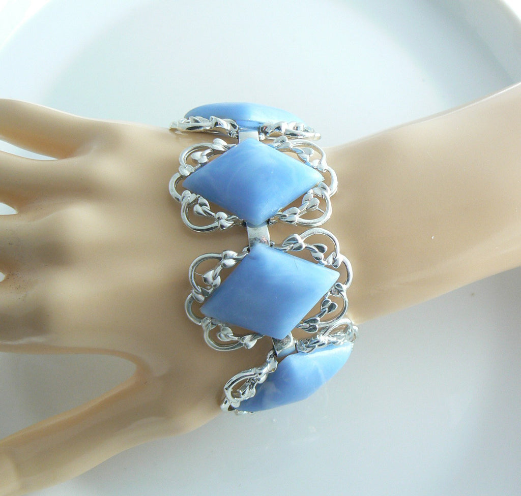 Coro Blue Swirled Diamond Bracelet Earring Set - Vintage Lane Jewelry
