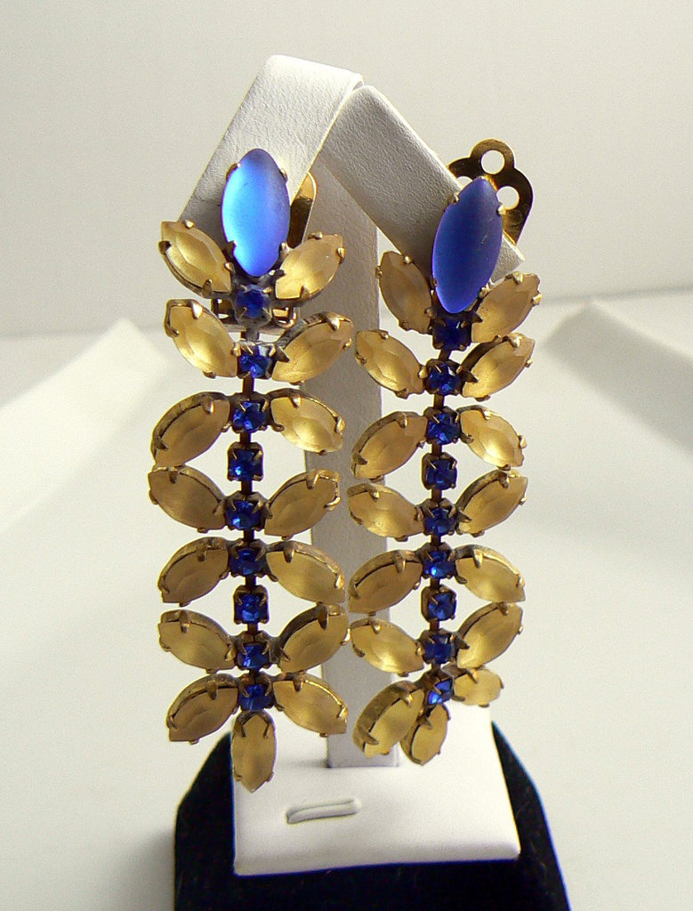 Czech Glass Gold Blue Rhinestone Dangle Clip Earrings - Vintage Lane Jewelry