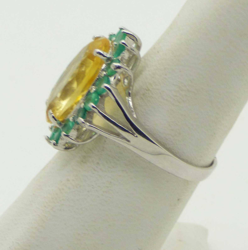 Rich Yellow Citrine and Natural Emerald Solitaire Ring, 14k white gold over sterling silver, Size 7. - Vintage Lane Jewelry