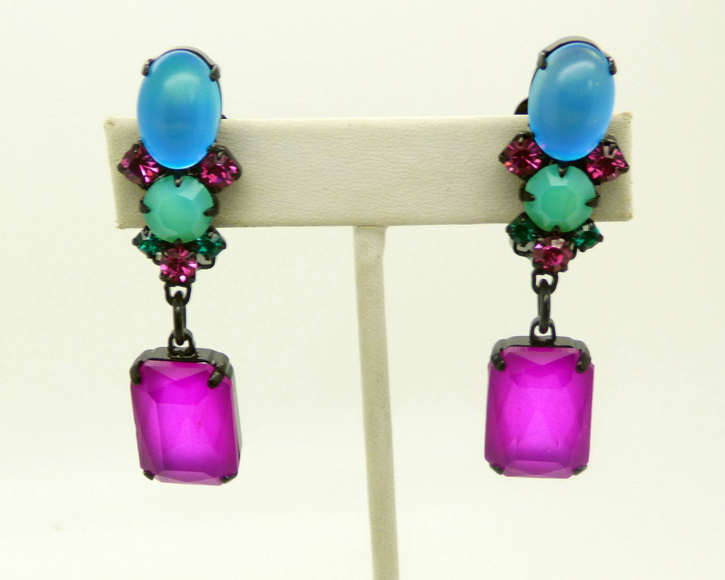 Purple, Pink and Aqua Neon Czech Glass Japanned Necklace and Clip Earrings - Vintage Lane Jewelry