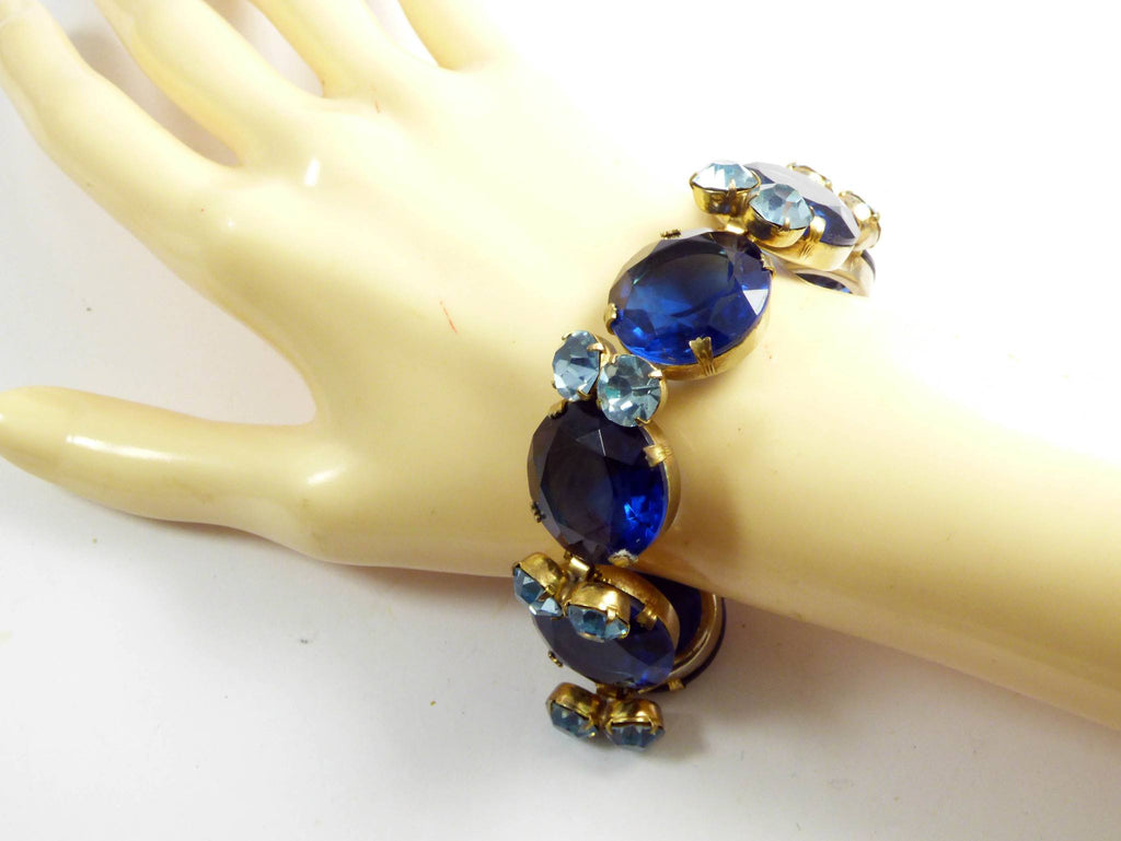 Vintage Dark Blue Headlight Light Blue Rhinestone Bracelet - Vintage Lane Jewelry
