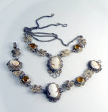 Victorian Cannetille Topaz Rhinestone Cameo Necklace and Bracelet Demi Parure Set - Vintage Lane Jewelry