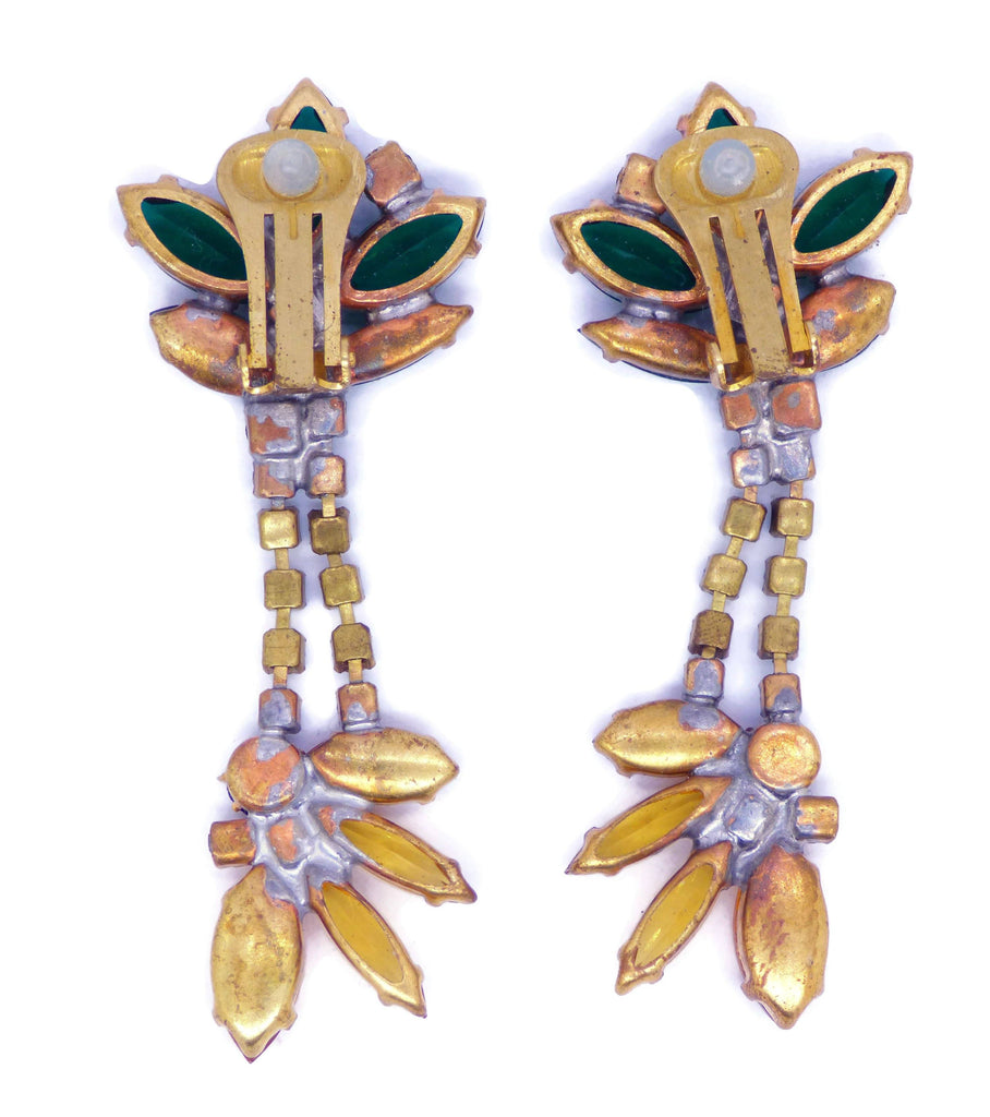 Sunflower Czech Glass Rhinestone Clip Earrings - Vintage Lane Jewelry