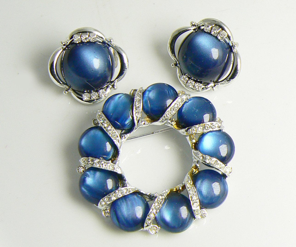 3 Piece Coro Montana Blue Moonglow and Clear Rhinestone Necklace Brooch & Earrings - Vintage Lane Jewelry