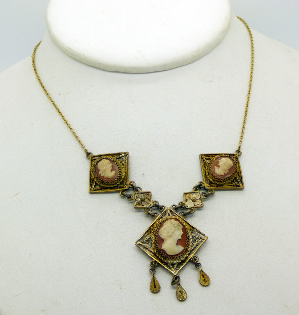 Art Deco Shell Cameo Filigree Necklace, Antiqued Gold - Vintage Lane Jewelry