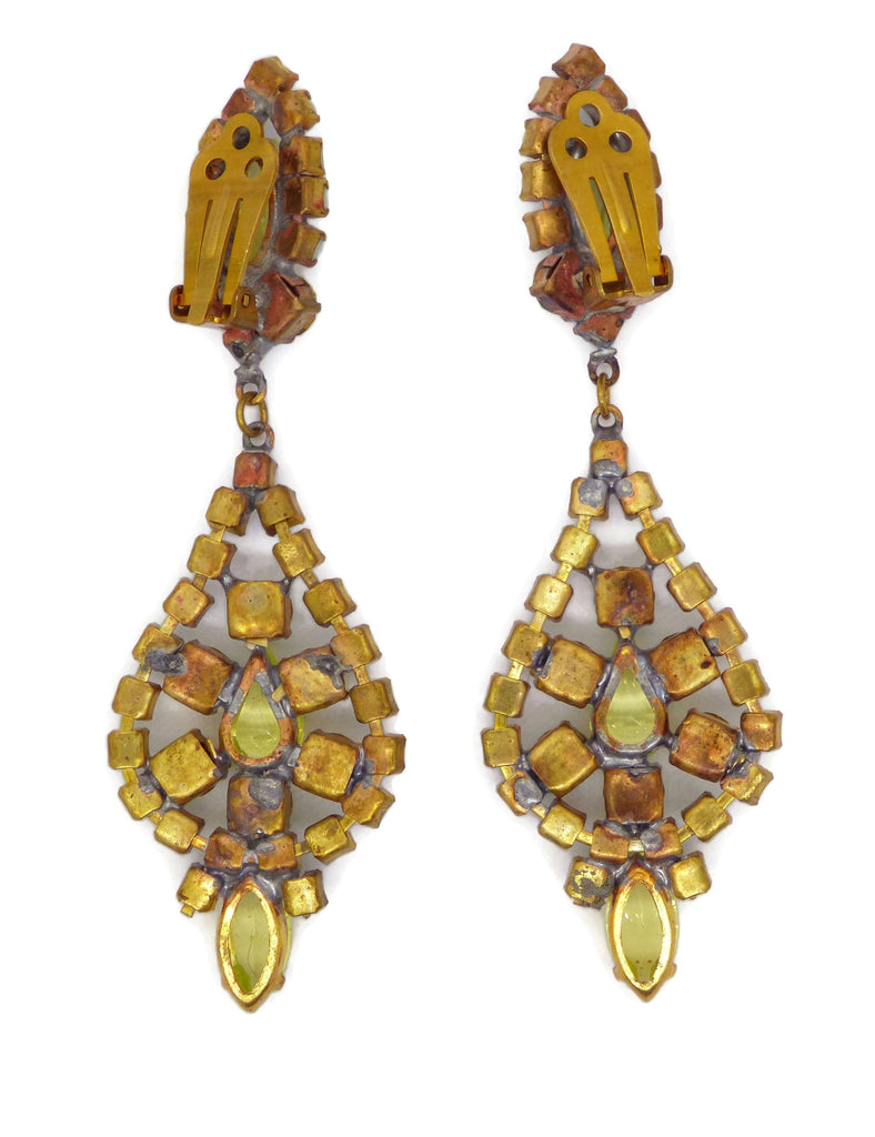Husar D Czech Vaseline Uranium Clip Earrings - Vintage Lane Jewelry