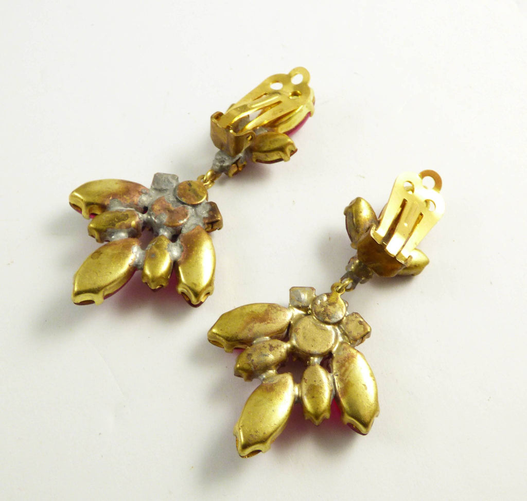 Czech Glass Fuchsia and Dark Red Rhinestones Clip Earrings - Vintage Lane Jewelry