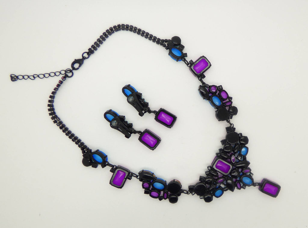 Purple, Pink and Aqua Neon Czech Glass Japanned Necklace and Clip Earrings - Vintage Lane Jewelry