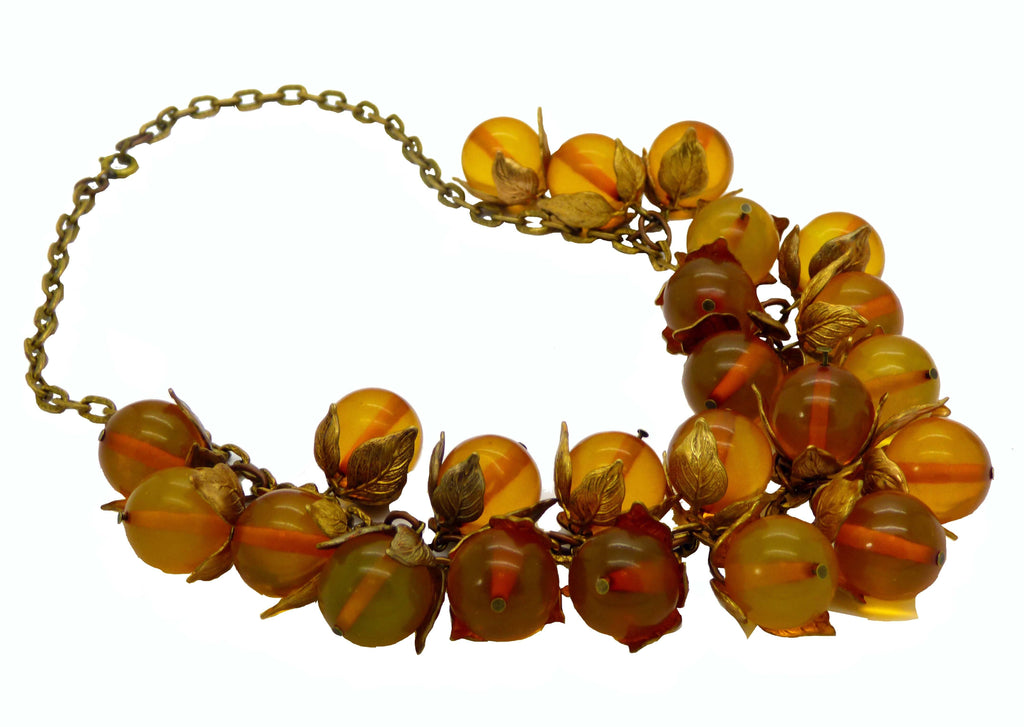 Bakelite Beaded Brass Leaf Necklace - Vintage Lane Jewelry