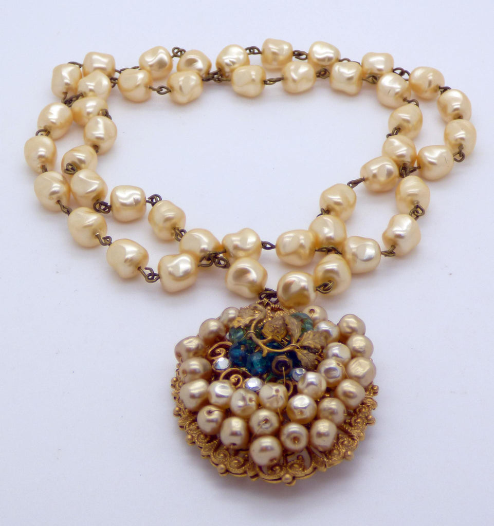 Early Miriam Haskell Baroque Glass Pearl Filigree Pendant Necklace ...