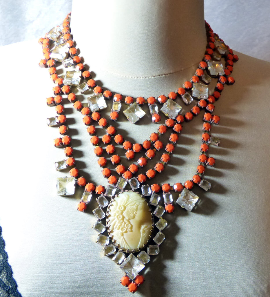 Czech Statement Orange Opaque Rhinestone Glass Cameo Necklace - Vintage Lane Jewelry