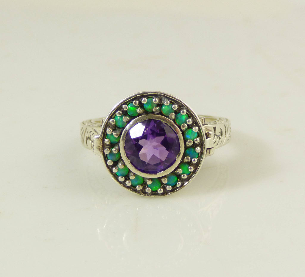 Natural Amethyst and Opal Sterling Silver Poison Pill Box Ring - Vintage Lane Jewelry